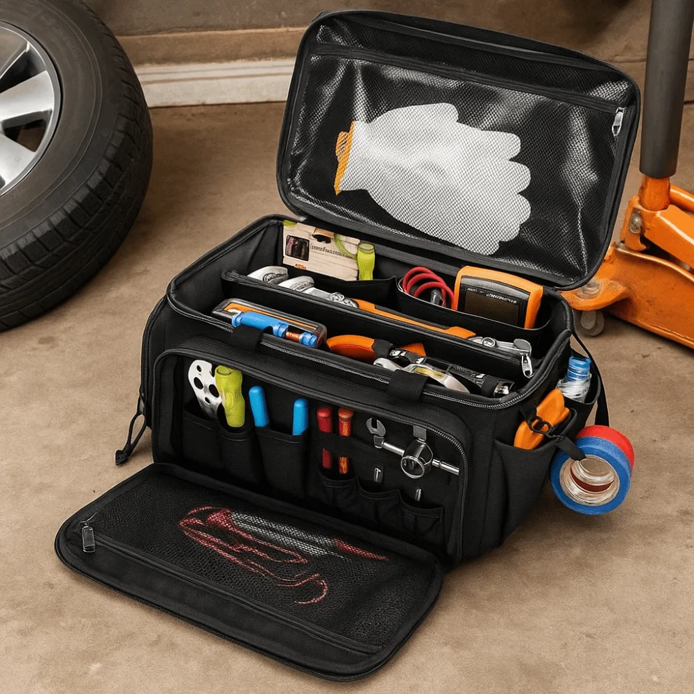 Comfortable Handle Tool Storage Bag Thick Padded Base Easy Carrying Tool Case Black Color Multifunctional Work Bag Home Garage