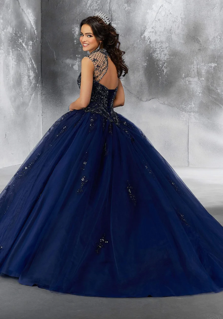 Customized Ball Gown Navy Blue Quinceanera Dress High Neck Beaded Sequins Robe De Soiree Sweet 16 Birthday Party Gowns YQD106