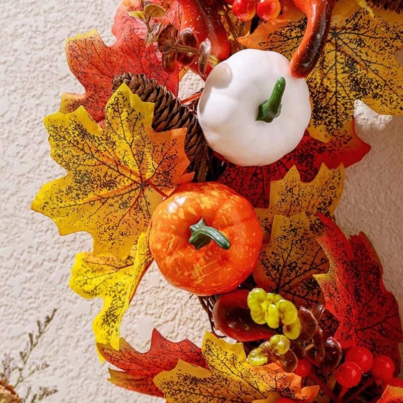 

15in Autumn Wreath Fall Wreath Artificial Thanksgiving Garland with Maple Pumpkins Pinecones Berries Halloween Front 15UB