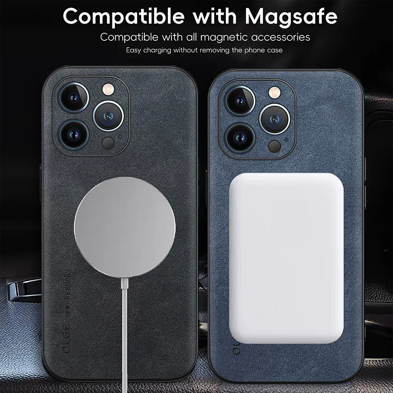 Luxury Leather Car Magnetic Holder Phone Case for iPhone 15 14 13 12 11 XS X XR Pro Max Plus Magsafe Wireless Charge Cover