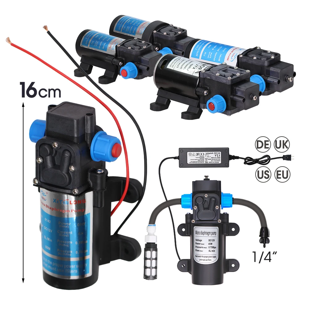 

DC 45W 60W 80W 100W Electric Water Pump Micro High Pressure Diaphragm w/110-240V Filter Hose Power Supply for Irrigation Cooling