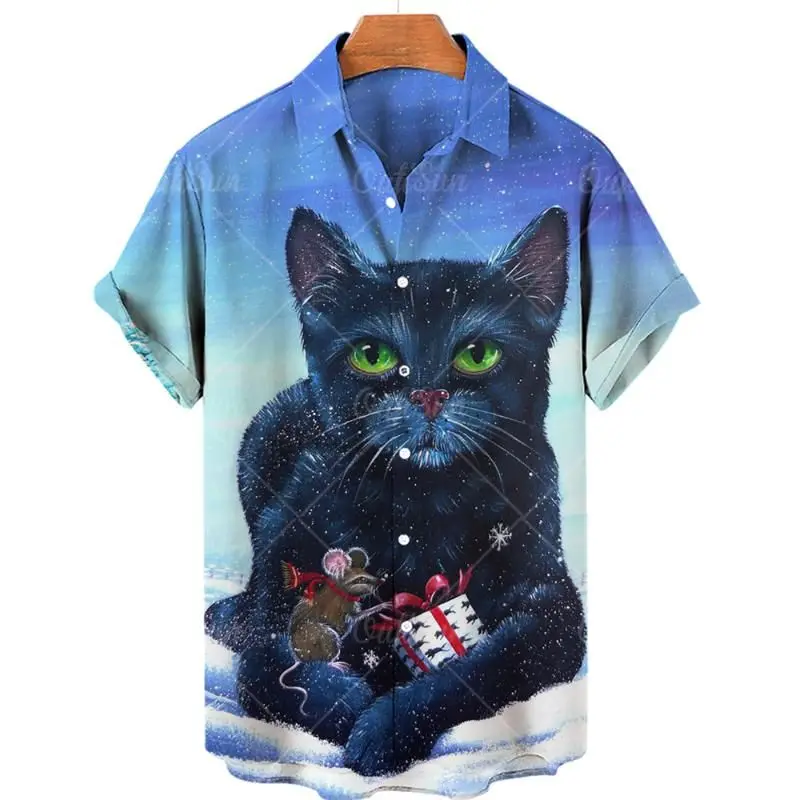 2024 New Men's Street Fashion Summer Daily Shirt Hawaiian Cat Print Fashion Casual Loose Shirt Short sleeved Beach Loose Top