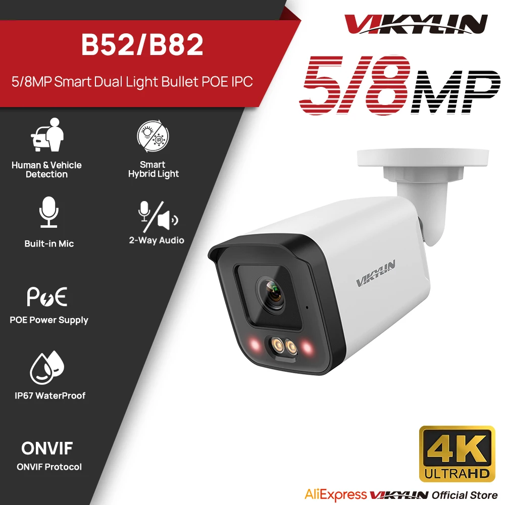 VIKYLIN 5/8MP IP Security Camera Poe 4K Smart Dual Light 2-way Audio Camer Human Vehicle Detection Support SD Storage ONVIF IP66