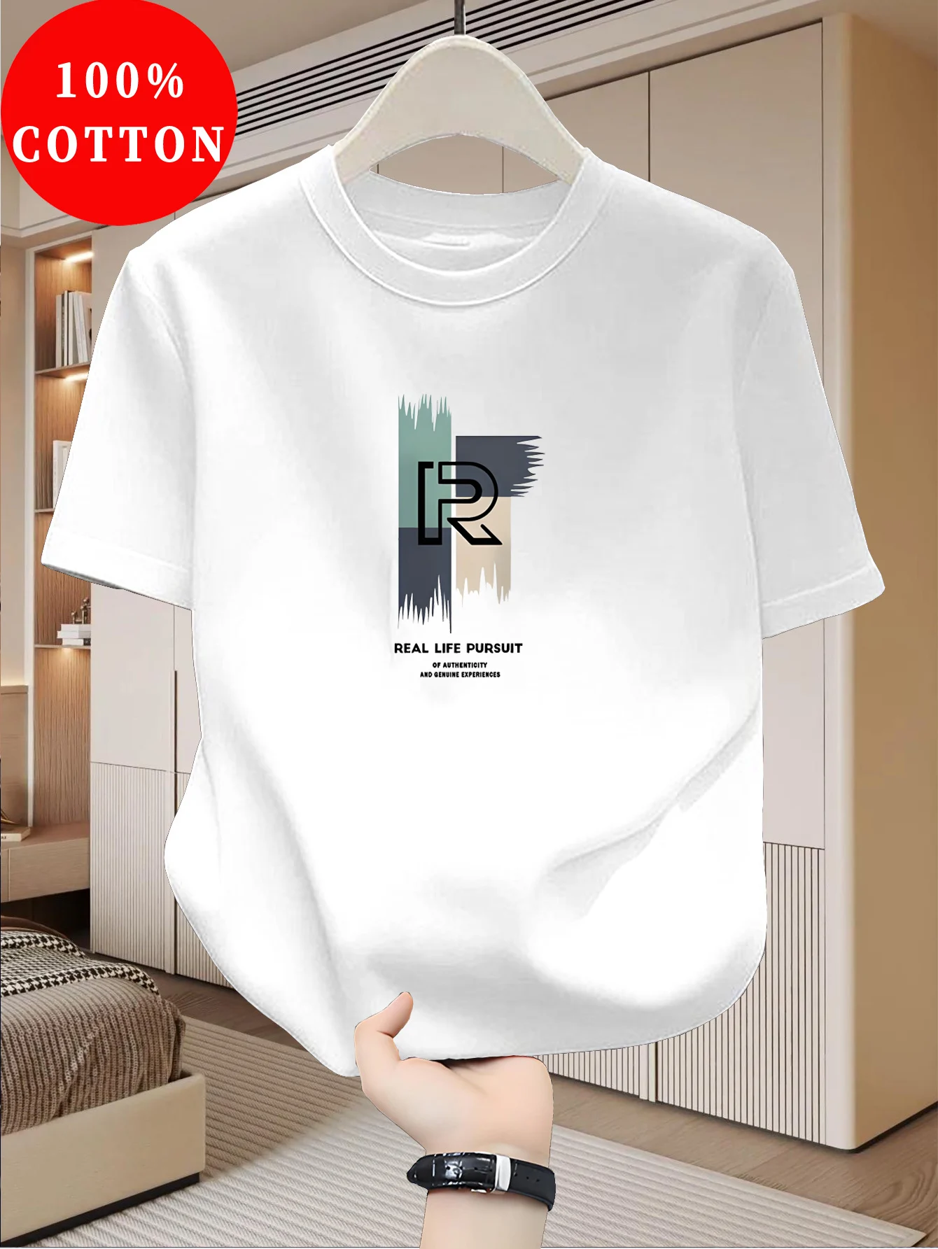 Men's 100% pure cotton casual loose modern abstract letter and "at time" pattern printed round neck short sleeved T-shirt top