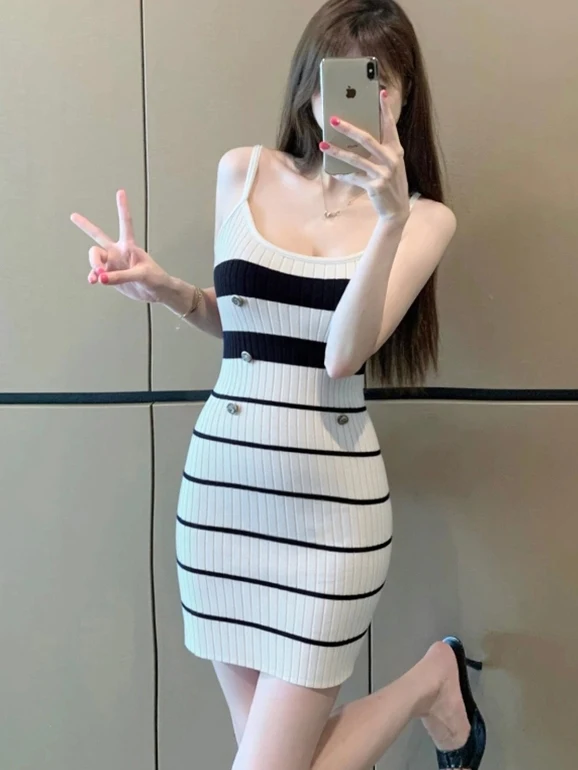 Pure Classic Striped Color Block Tube Dress Women's Short Sexy Sleeveless Backless Wrap Chest One Step Wrap around Skirt