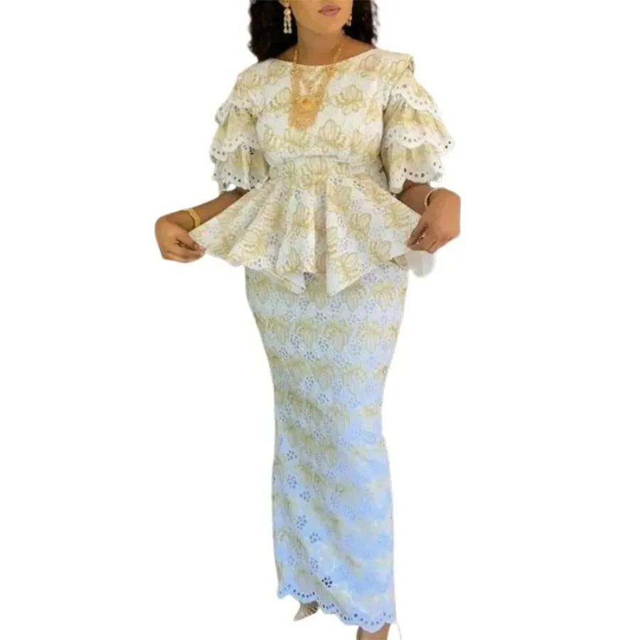 

African Wedding Party Clothes For Women Autumn African Elegant Half Sleeve 2 Piece Top Long Skirt Matching Sets African Clothing