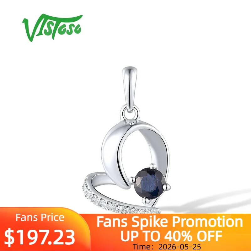 

VISTOSO Genuine 14K 585 White Gold Pendants For Women Sparkling Diamond Blue Sapphire Heart Wedding Anniversary Fine Jewelry Set