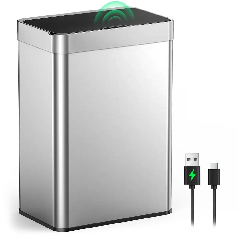 

15 Gallon Stainless Steel Automatic Motion Sensor Trash Can with Type-C Rechargeable Lid, Silent Close for Kitchen Use