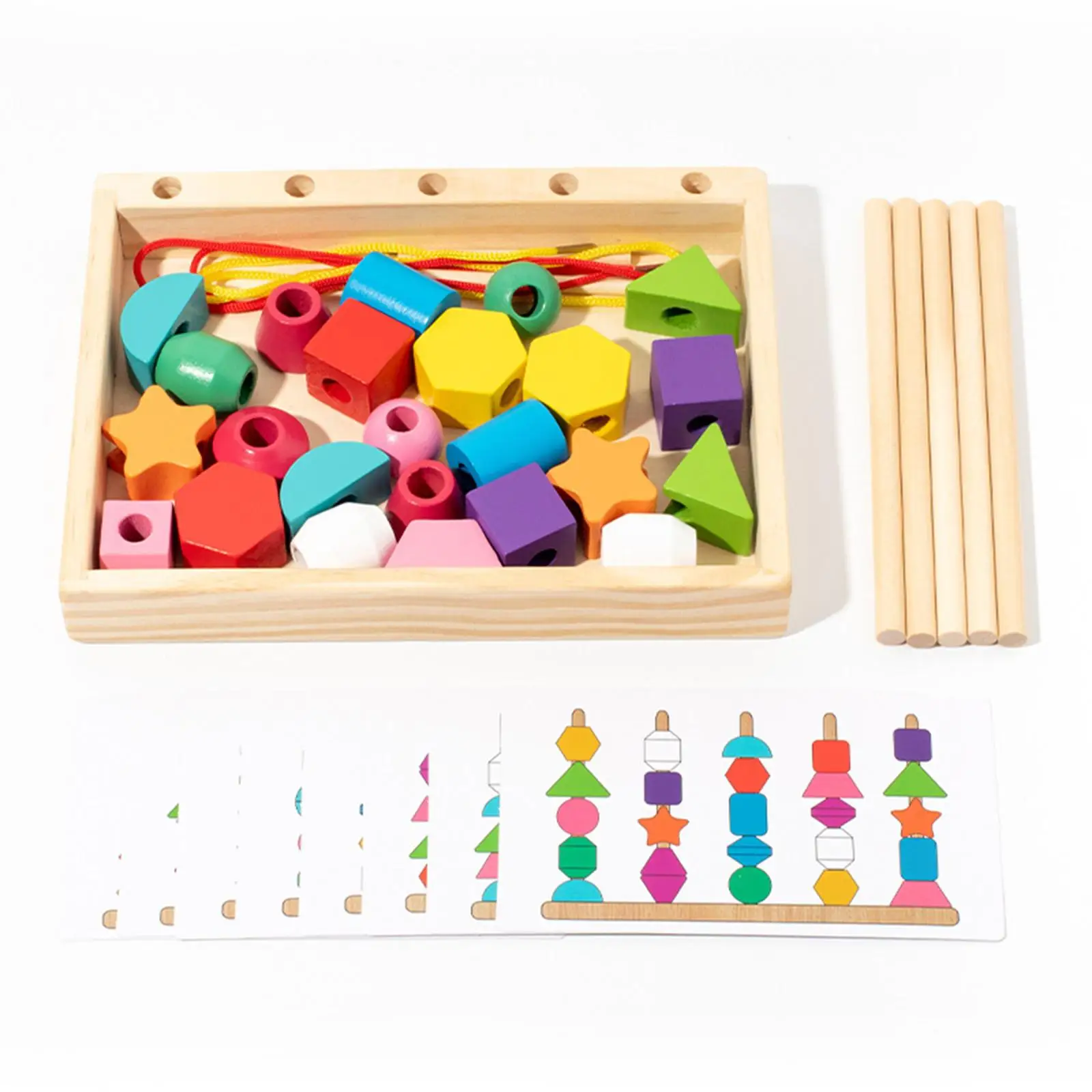 Wooden Beads Sequencing Toy Set Shape Colors Stacking Toy Matching Shape Stacker