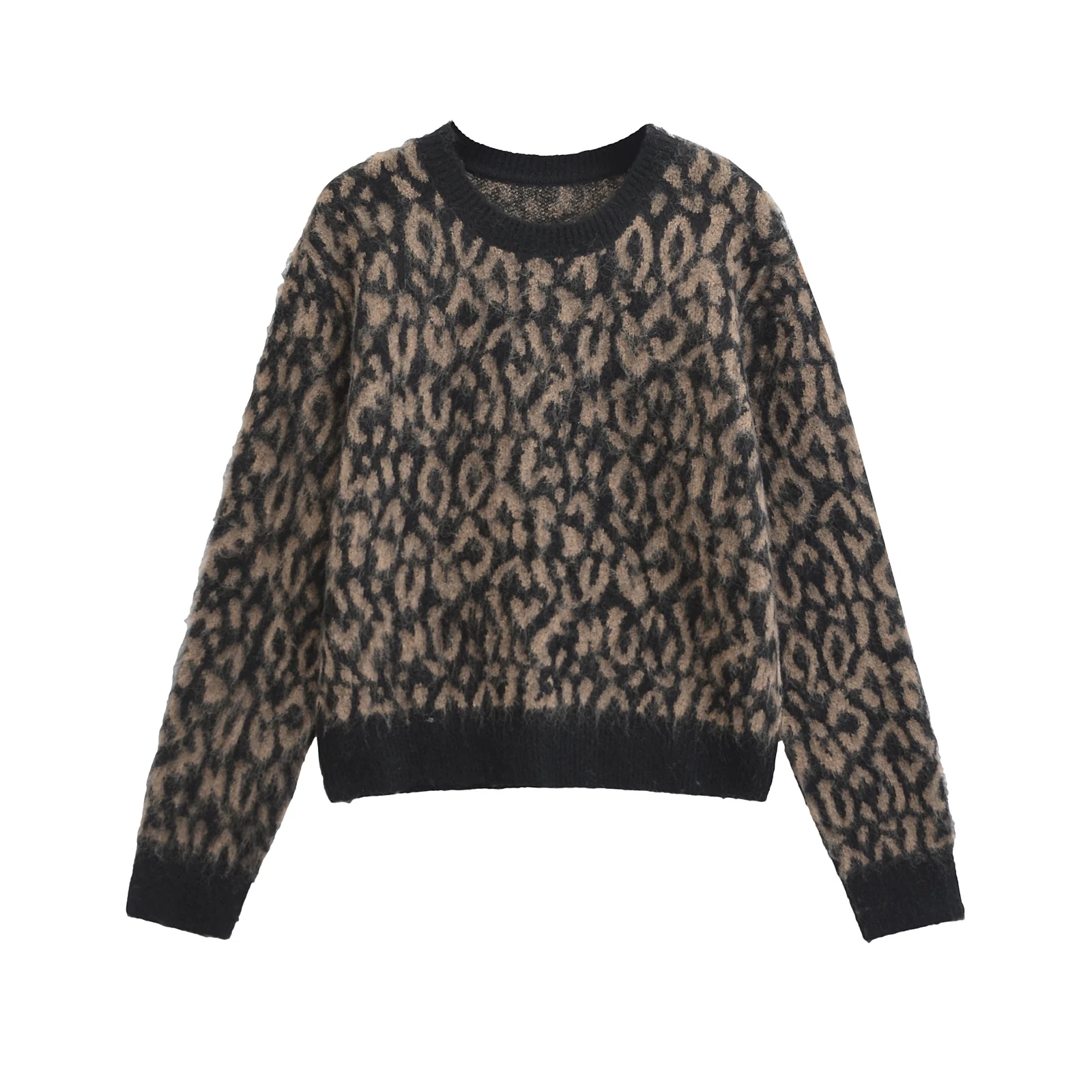 KAOPU ZA Women\'s fashion Autumn/Winter leopard print knit Sweater Women vintage crew neck long sleeve knit pullover top