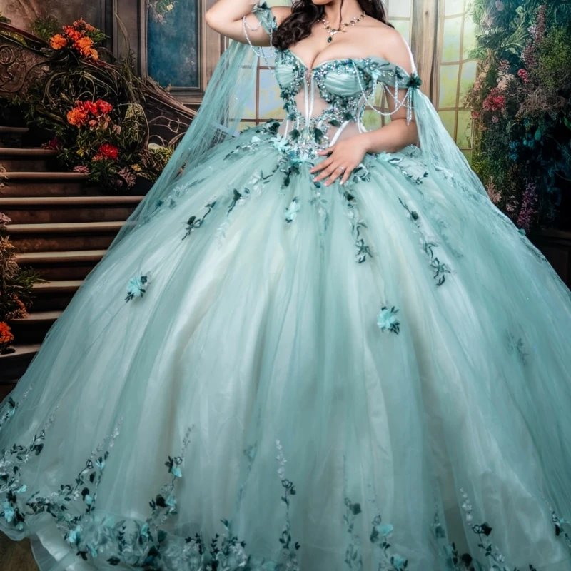 

Светло-зеленые платья Quinceanera с открытыми плечами и аппликацией из цветов и бусин, тюлевой корсет для вечеринки, дня рождения, милое платье 16, Vestidos 15 De