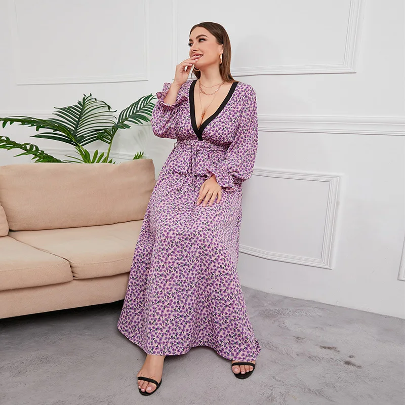 

2024 Elegant Women Long Sleeve Chiffon Leopard Print V-Neck Maxi Dress Loose Arabic Robe Dubai Abaya Vintage Muslim Kaftan Gown