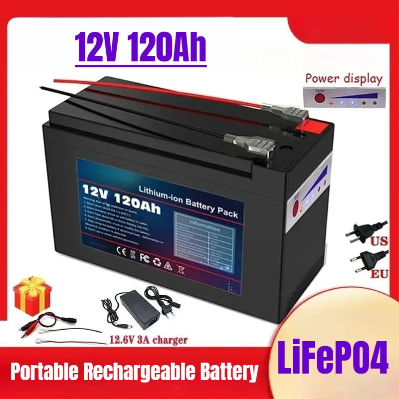 

LiFePO4 Lithium Battery 12V 120Ah Portable Rechargeable Battery Built-in Power Display Port Charging