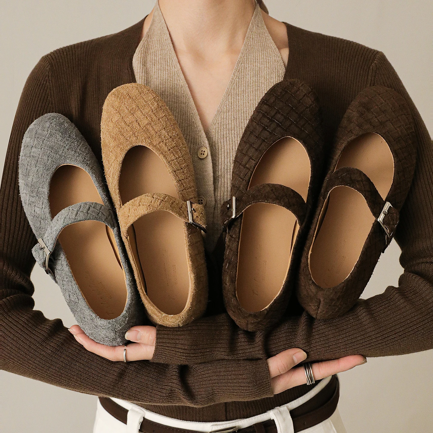 2026 new spring autumn women pumps natural leather 22-25cm cow suede+sheepskin round toe buckle mary janes low heel women shoes