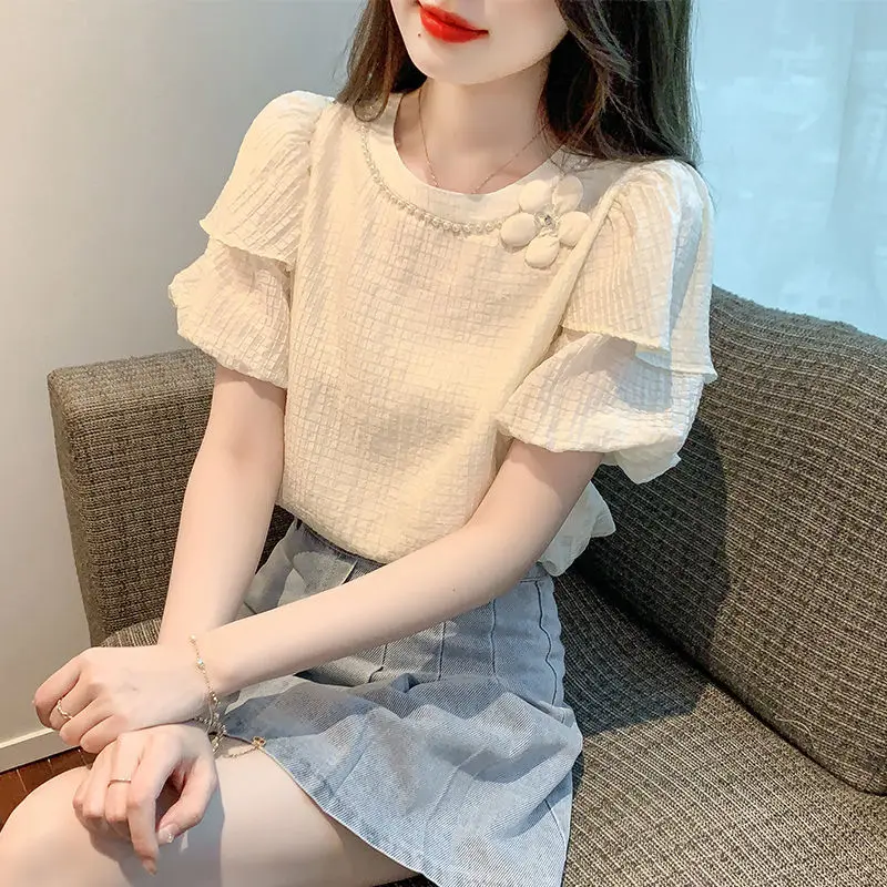 Women Summer Korean Fashion Lace Solid Color O-neck Short Sleeve Shirts Women Clothes Casual All-match Appear Thin Trend Tops