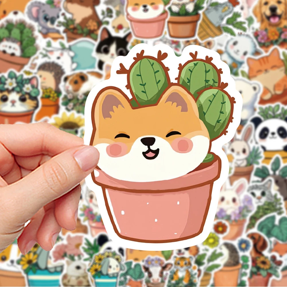 10/30/50pcs Potted Animals Cartoon Stickers Cute Panda Cat Tiger Decals Waterproof DIY Luggage Notebook Kawaii Sticker Toys
