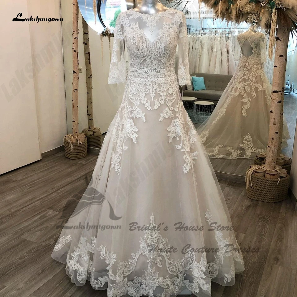 Lakshmigown Prinzessin eine Linie Brautkleider 3/4 Ärmel 2024 Roben Vintage Boho Braut Brautkleider Perlen Spitze Applikationen