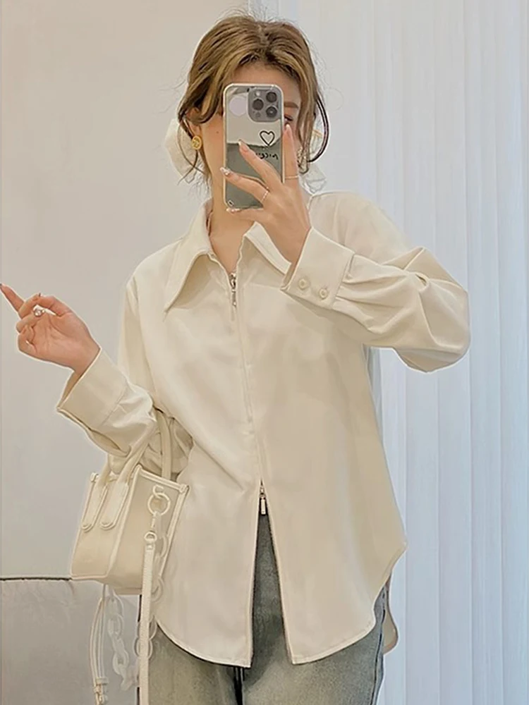 

White Zipper Shirt Women's New Style Spring Autumn Long Sleeve Top Layered Wear Inner Base Shirt Coat Winter Neck Design