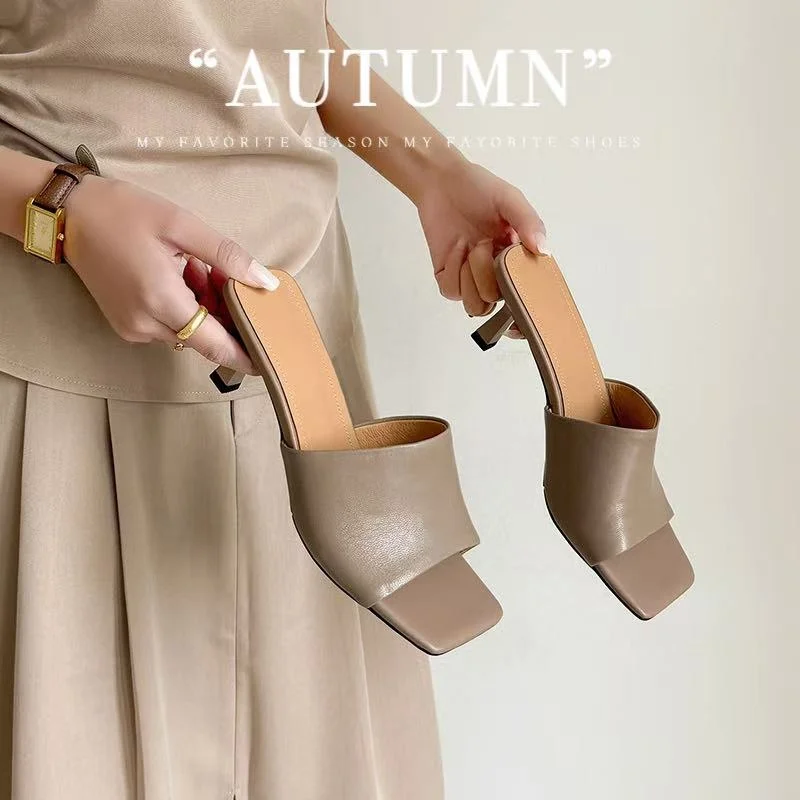 2026 new summer women sandals natural leather plus size 22-29cm cowhide+pigskin+sheepskin mules high heel women slippers fashion