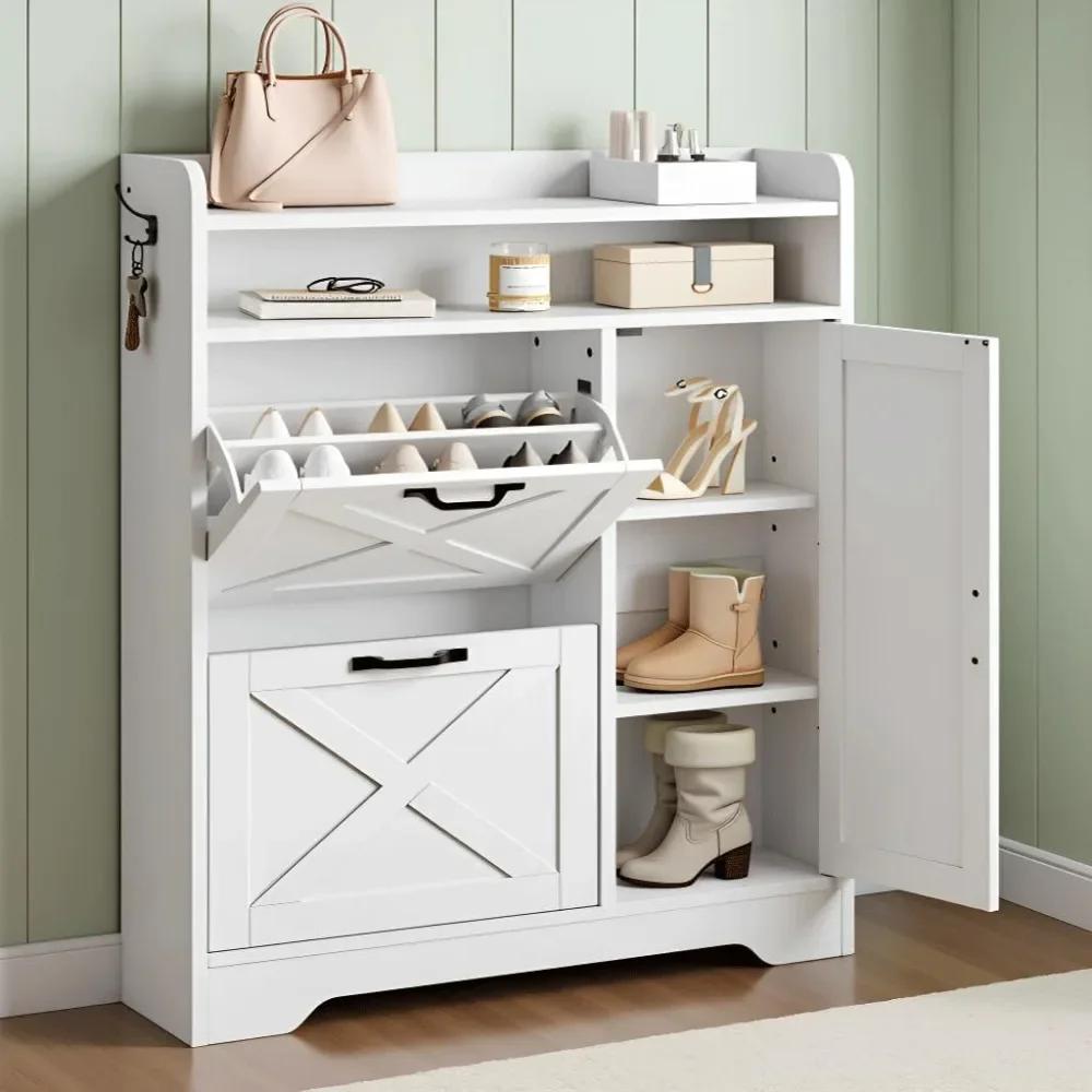 

Shoe Cabinet Entrance Storage Cabinet, Wooden Shoe Storage Cabinet with 2 Flip Drawers, Narrow Shoe Storage Cabinet