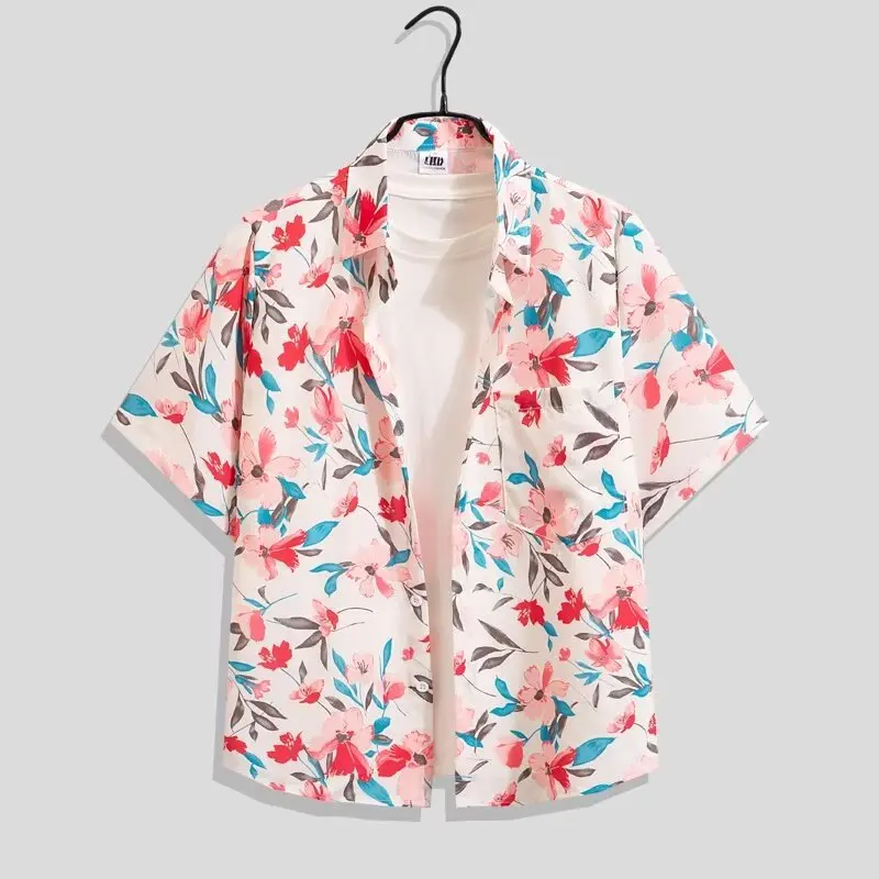 Men's Summer Beach Vacation Hawaiian Retro Short Sleeve Flower Shirt High Street Fashion Casual Loose Half Sleeve Floral Shirt