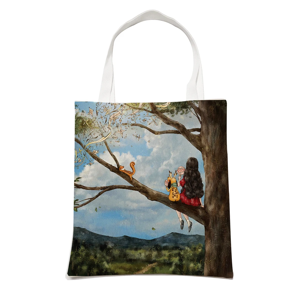 Bolso de hombro reutilizable con estampado de doble cara para mujer, bolso de mano de lona, informal, a la moda, con dibujos animados