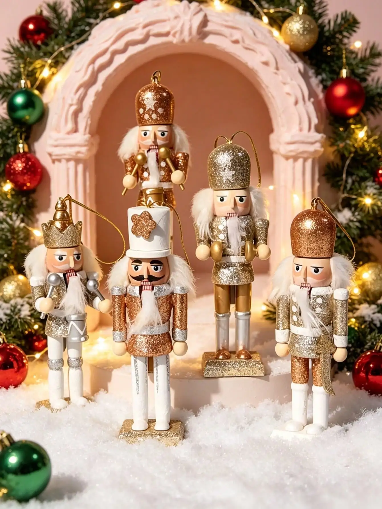 シャンパンゴールドのラメが施された木製のくるみ割り人形ペンダ - Nutcracker Figurine のレビューと価格