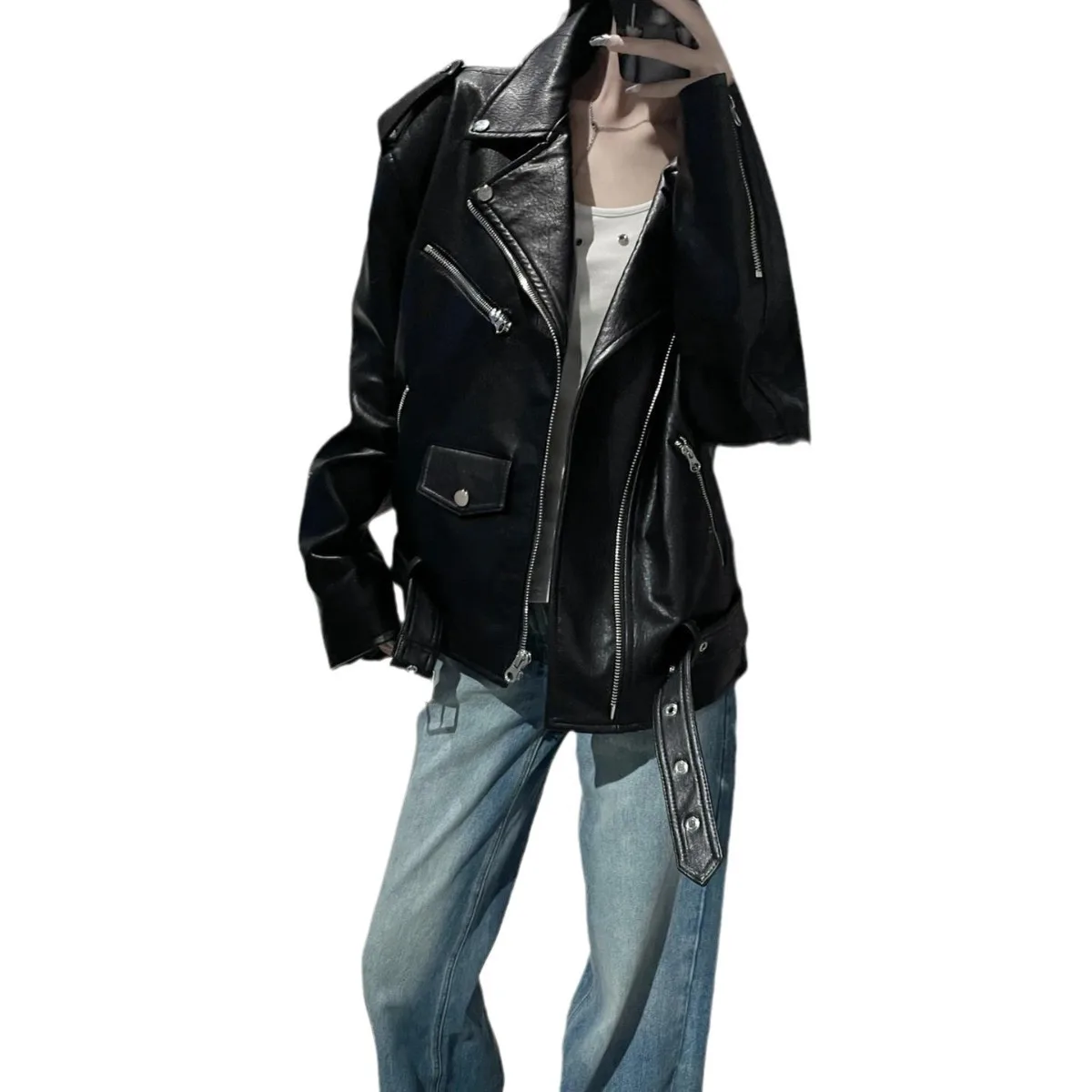 Medium Length Leather Jacket Women's Pre-autumn Biker Leather Jacket Jacket