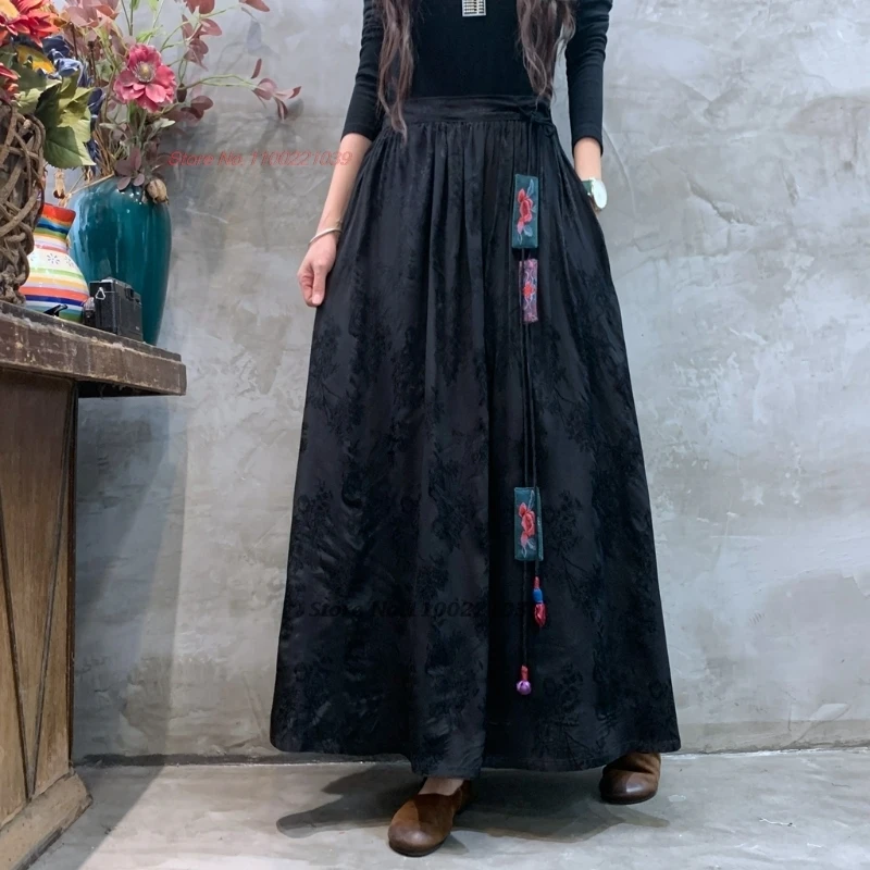 

2025 national flower embroidery satin jacquard double layers skirt vintage folk skirt traditional elastic waist a-line skirt
