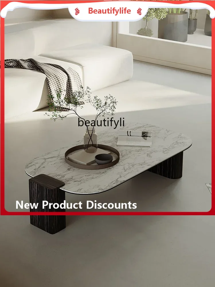 جديد Qiji نمط مربع لوحة حجرية طاولة القهوة بسيطة الحديثة الفن عالية الشعور مصمم نموذج خشب الأبنوس الجلد ضوء طاولة القهوة الفاخرة #1