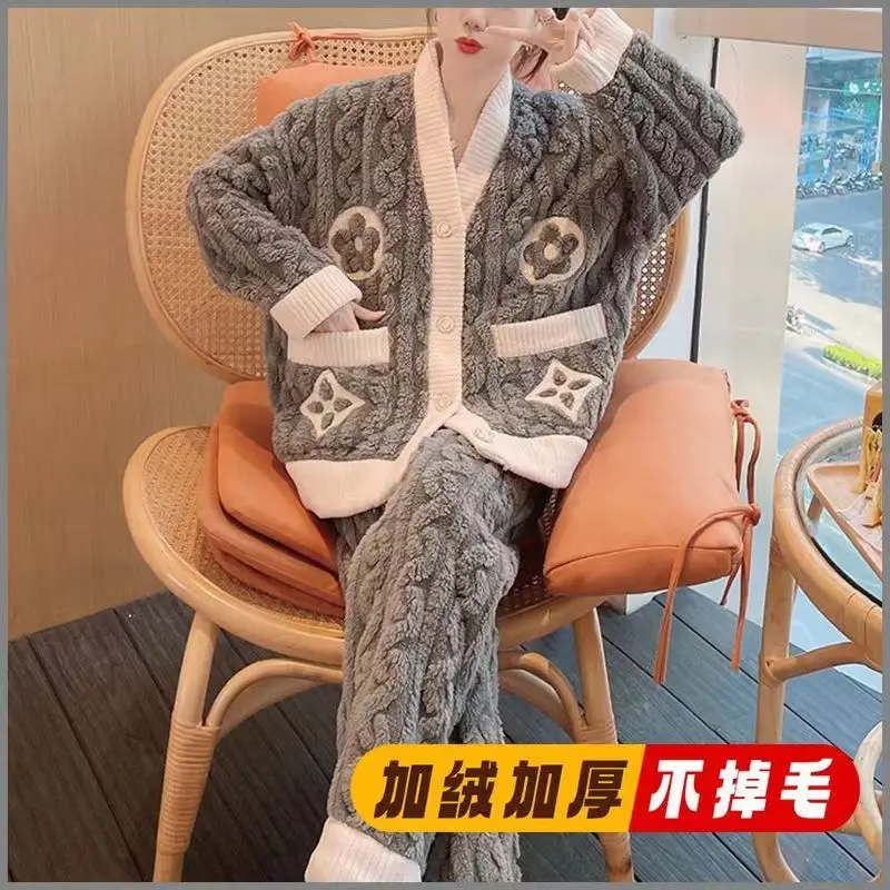 Mother Postpartum Pajamas Set Women Autumn Winter Pregnant Women Flannel Nursing Pijamas Thickened Plush Breastfeeding Homewear