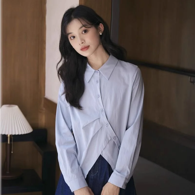 

Синяя рубашка с длинными рукавами в стиле ретро, женский дизайн, уникальный и шикарный топ во французском стиле