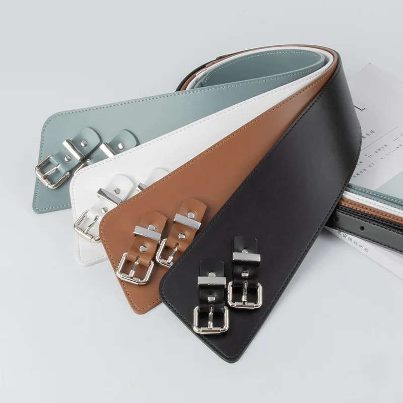 Women Wide Split Leather Corset Belt Double Alloy Buckle Asymmetrical Waist Wrap Slimming Elegant Commuting Dress Blazer