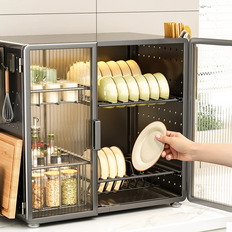 

Dish storage rack Double-layer household drain bowl rack Dust storage box Multifunctional kitchen rack Cupboard with lid