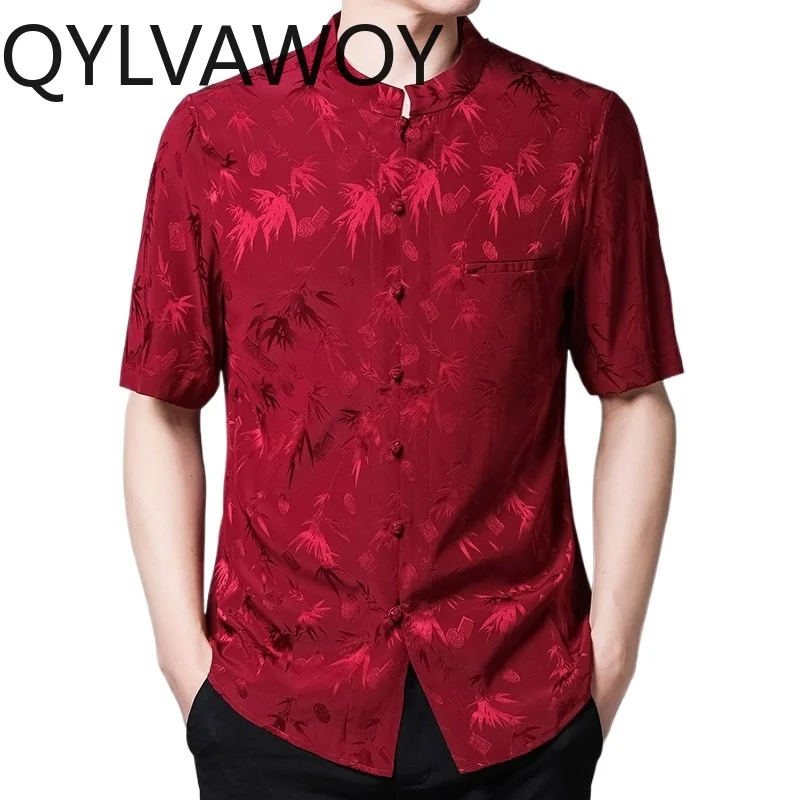 

QYLVAWOY 92% Mulberry Silk Men's Shirts Satin Short Sleeve Shirt Stand Collar Shirts for Man Summer Tops Menswear Clothing Daily