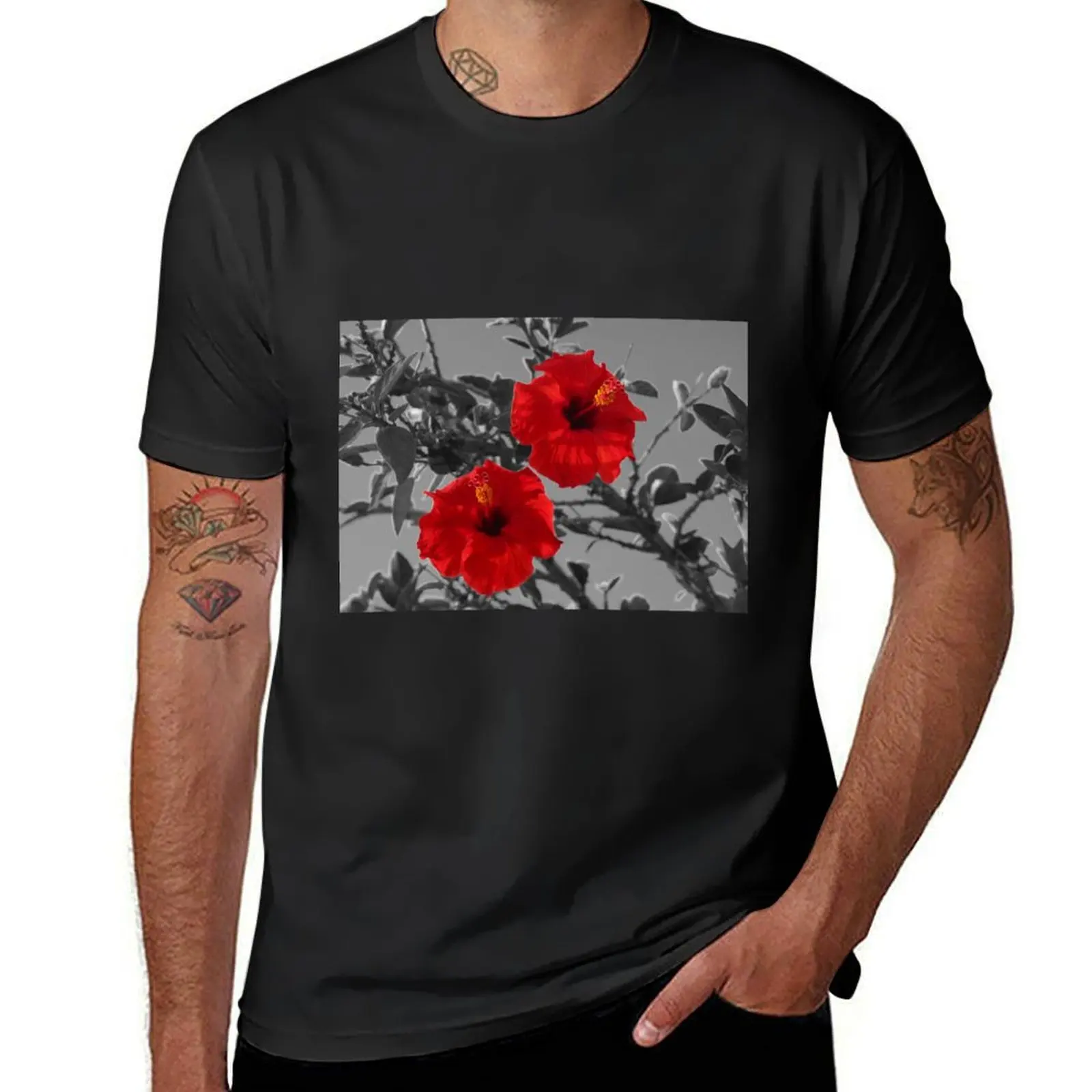 Hibiscus Red Flowers Selective Color Alicante T-Shirt korean fashion boys animal print blacks mens plain t shirts