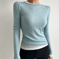 O Neck Solid T Shirt Women Basic T-shirts Female Casual Tops Long Sleeve See Through Sexy Thin Slim Tshirt Womens Clothing