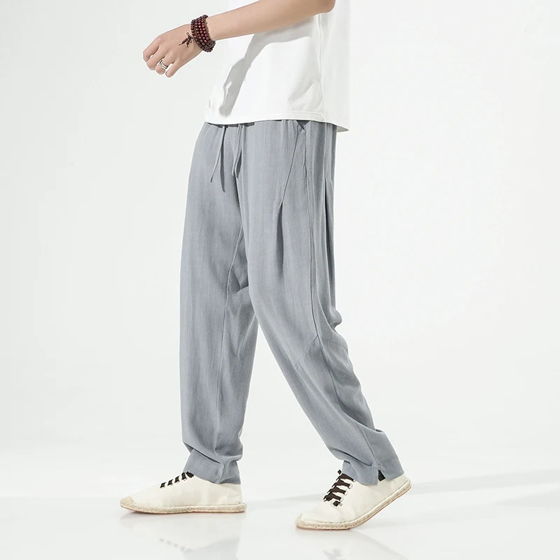 

Summer Thin Cotton Linen Men's Casual Pants Drape Loose Fit Slimming Tapered Long Trousers Comfortable Breathable Faionable