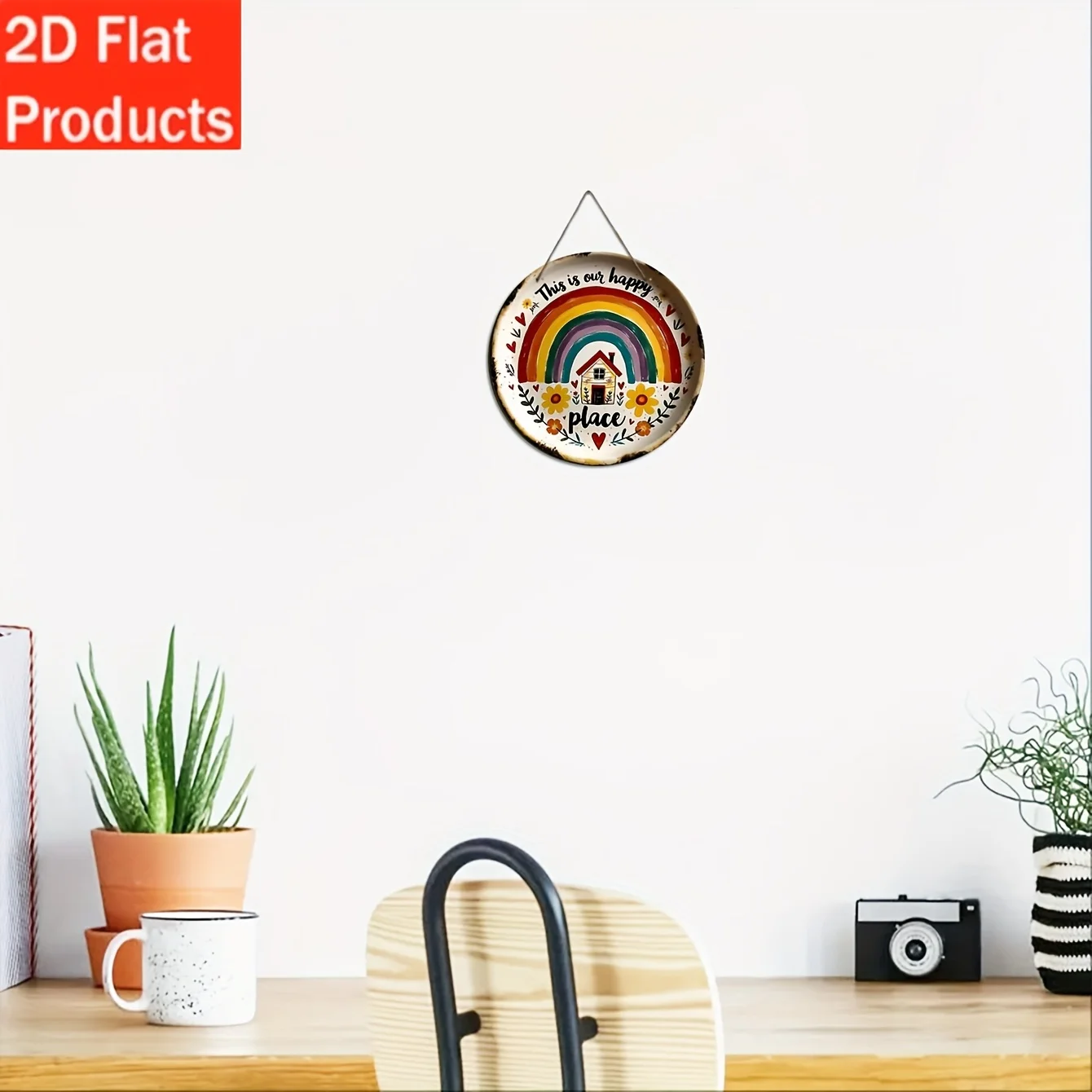 مسطح ثنائي الأبعاد، لوحة زخرفية مسطحة وحلي ثنائية الأبعاد، قطعة واحدة من لافتة معلقة خشبية ممتعة عتيقة، قطعة واحدة مع تصميم "هذا مكاننا السعيد".