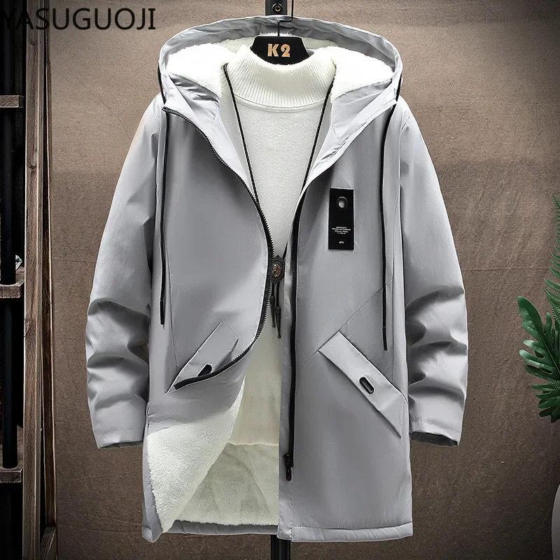 YASUGUOJI Casual Windbreaker Jackets Men 2024 Long Trench Coats Fashion Hooded Jacket Fleece Korean Slim Outwear Mens Clothing