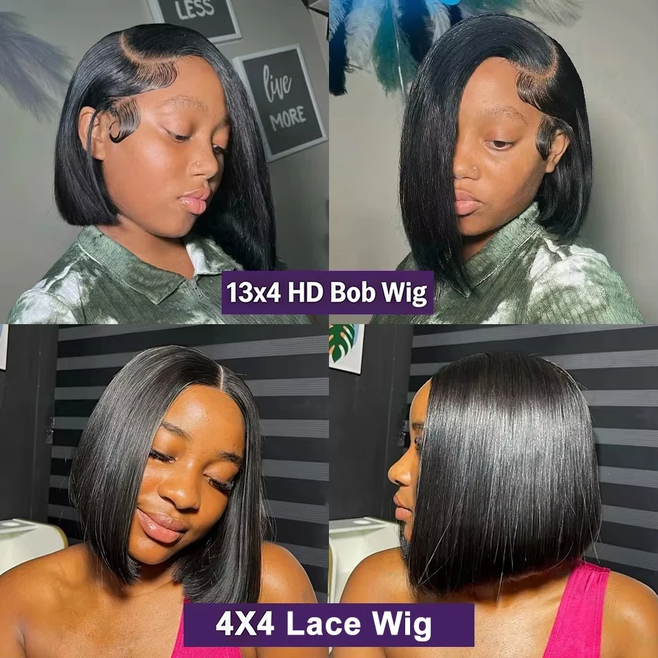 스트레이트 숏밥 가발 인모 13x4 투명 레이스 프론트 가발 200% 밀도 내추럴 블랙 본... - 4