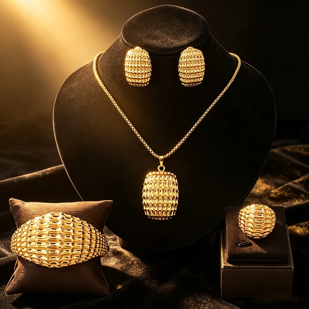 4Pcs Grid Textured Statement ecklace Earrings Bangle Ring Set Women Trendy Gold Silver Plated Wedding Party Gift