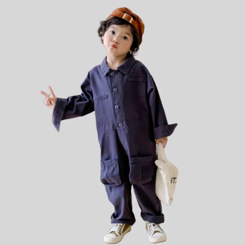 Autumn Boys' Cotton Casual Utility  Lapel Collar Multi-Pockets  Workwear Jumpsuit Long Children's Sleeves & Long Pants One-Piece