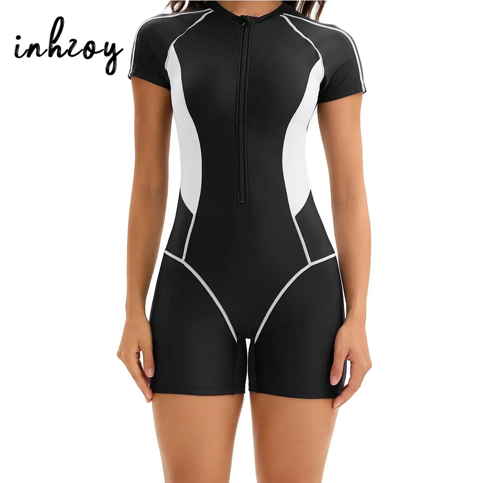 

Womens One Piece Swimsuit Color Block Front Zipper Swimwear Beachwear Bodysuit Competitive Swimming Surfing Sportswear Leotard