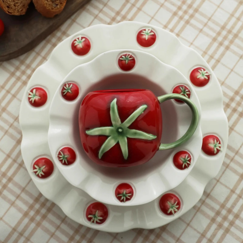 

Nordic hand-painted tomato ceramic straw hat plate mug,milk coffee cup,ceramic tableware set,household Dim sum fruit salad plate