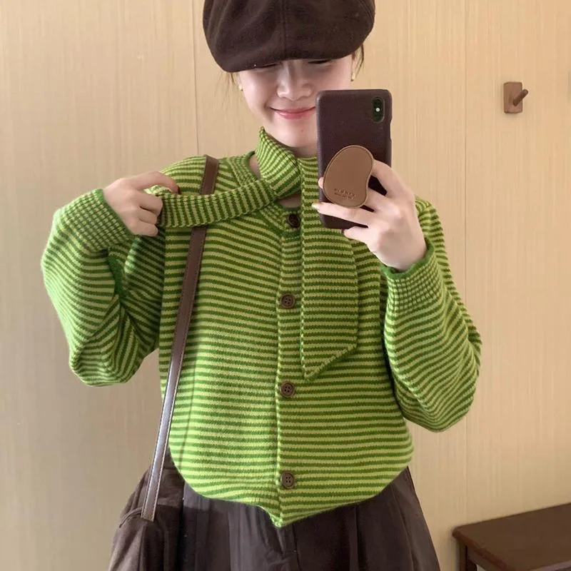 

Autumn Long Sleeve Striped Women Cardigans Sweater Knitted Scarf Collar Coat Short Vintage Single Breasted Korean Ladies Tops