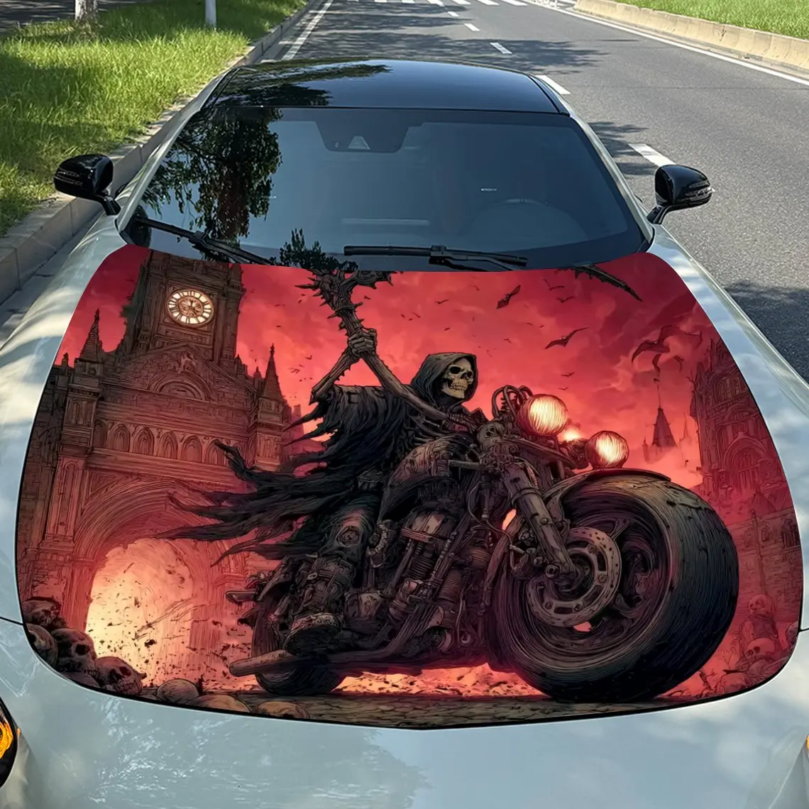 

Gothic Sickle Skull Car Film,PVC Waterproof Engine Hood Sticker,self-adhesive Scratch Resistant Car Sticker,suitable For Trucks,