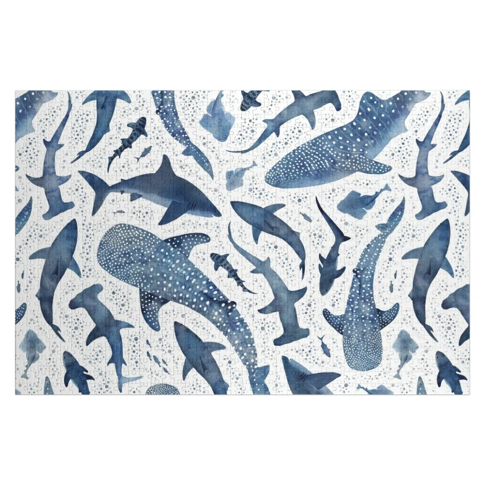 

Монохромная синяя акварельная акула океан на белом пазл деревянная головоломка для взрослых лес для взрослых пазл