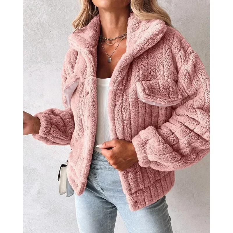 Giacca Teddy abbottonata con colletto rovesciato Y2K vestiti eleganti donna elegante inverno manica lunga peluche sciolto caldo cappotto spesso