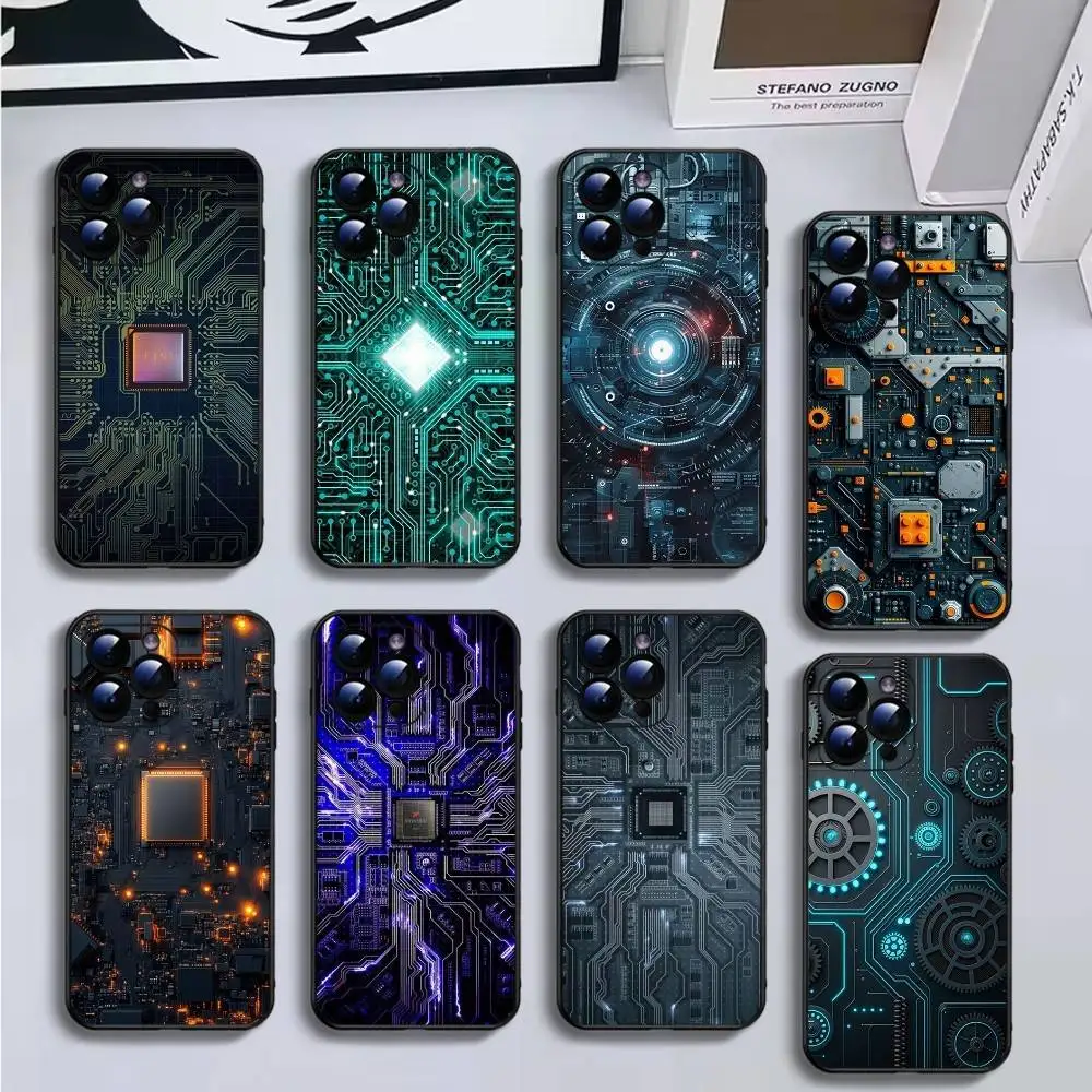

Inside Circuit Board Phone Case For iPhone16,15,14,13,12,11 Plus,Pro Max,XS,X,XR,SE,Mini,8,7,Soft Black Cover